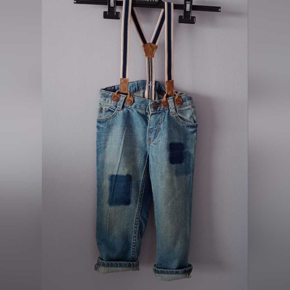 H&M Blue Patchwork Jeans with Suspenders